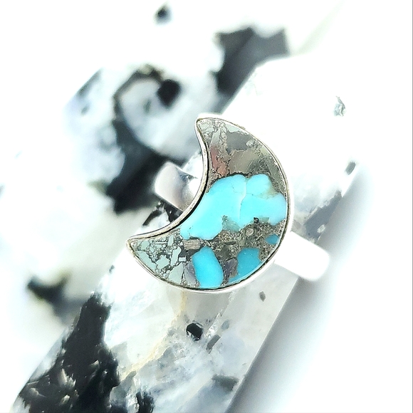Sterling Silver Turquoise and Pyrite Crescent Moon Ring Size 7 - Picture 16 of 16